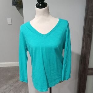 Chico's Teal / Aqua V-Neck Tee W 3/4 Sleeve Size 1 / M. In Excellent Condition
